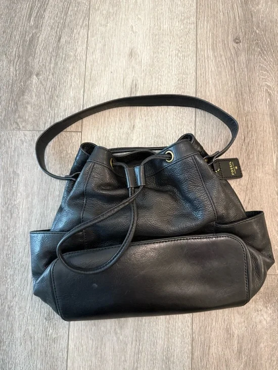 Fossil Black Leather Hobo Shoulder Bag Purse draw string - Picture 1 of 10